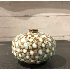Vintage Handcrafted Ceramic Bud Vase With Polka Dot Pattern & Rustic Finish